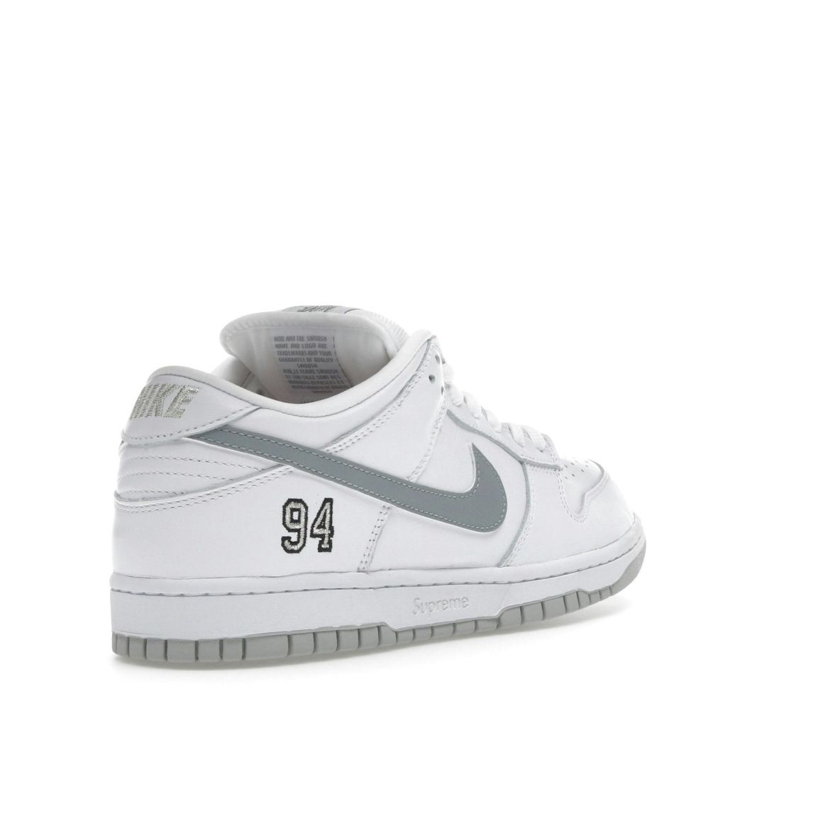 SB Dunk Low Supreme 94 White Metallic Silver Sneakers