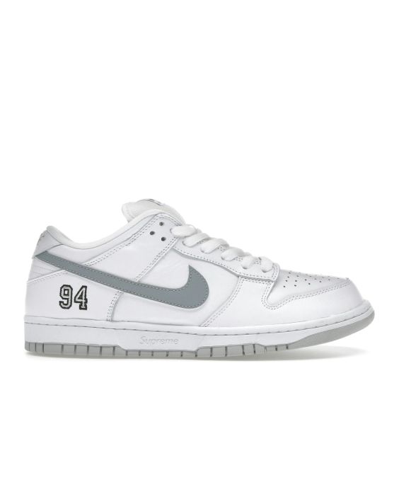SB Dunk Low Supreme 94 White Metallic Silver Sneakers