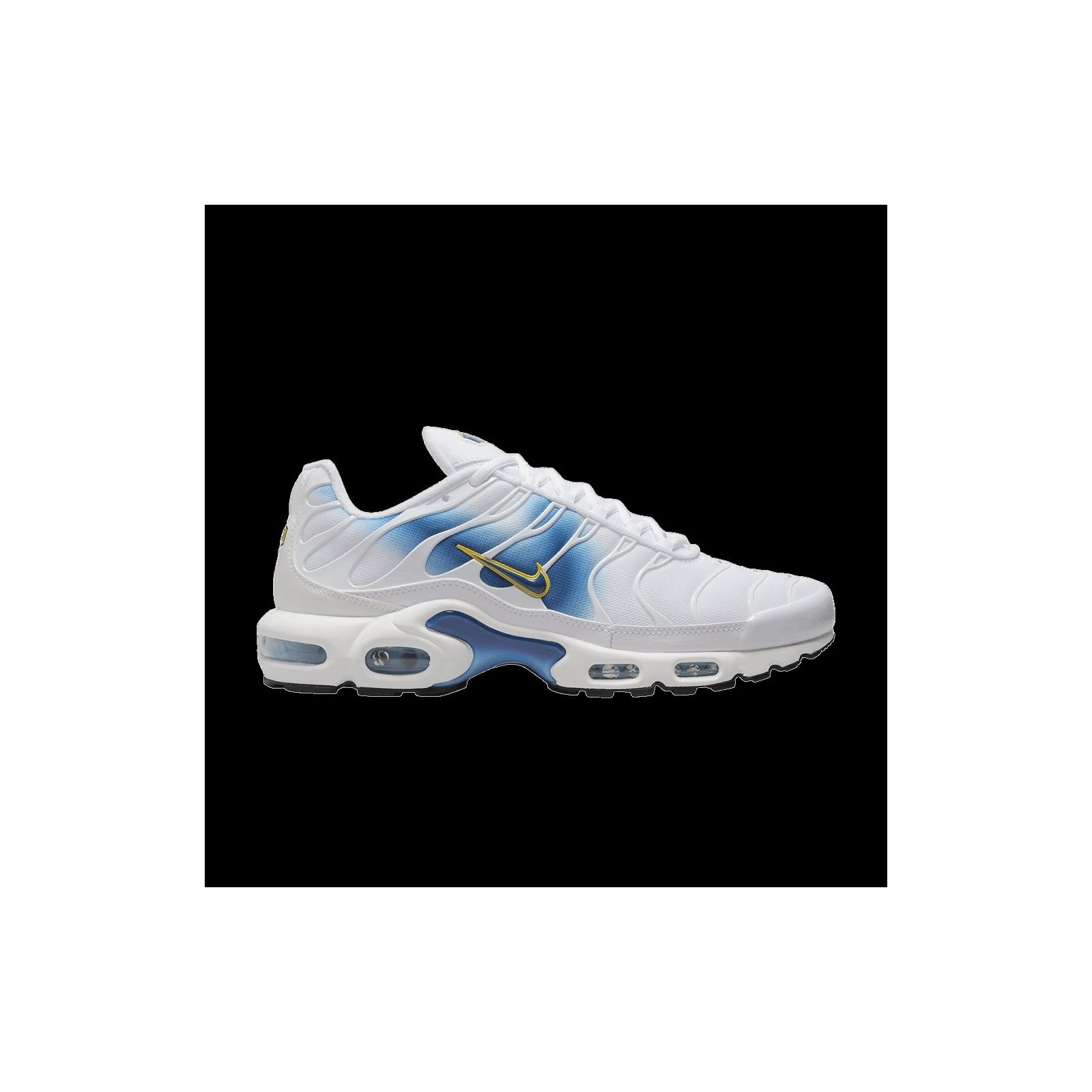 Air Max Plus DX8962-100 Sneakers – White/Blue/Yellow Spray Paint Swoosh