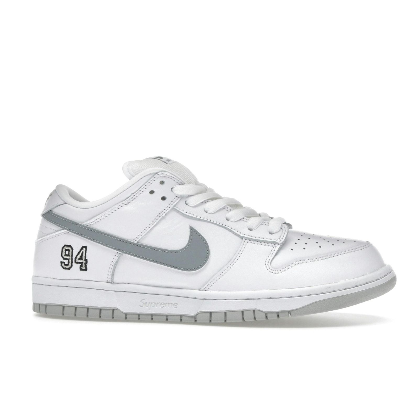 SB Dunk Low Supreme 94 White Metallic Silver Sneakers