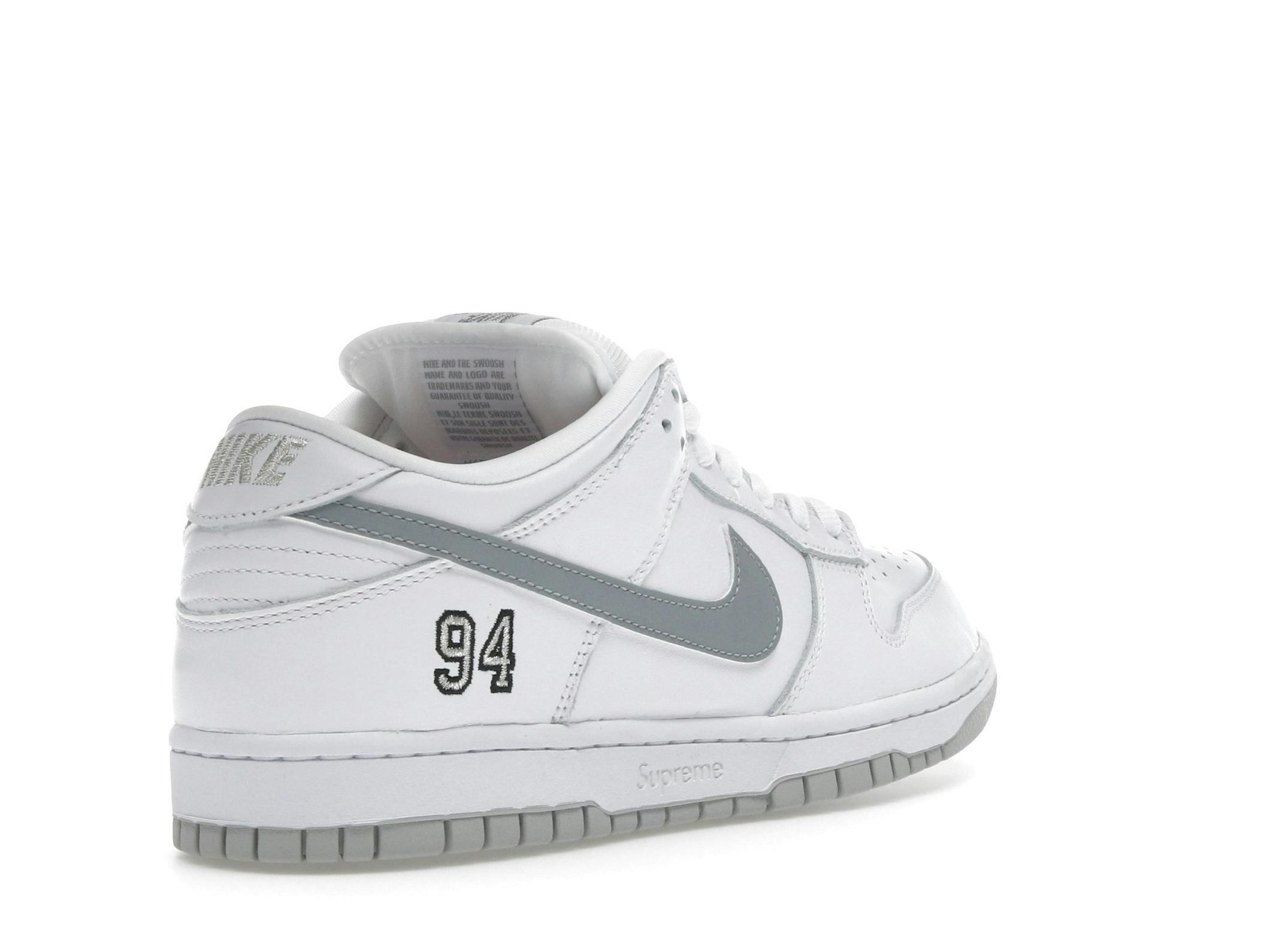 SB Dunk Low Supreme 94 White Metallic Silver Sneakers - Image 8