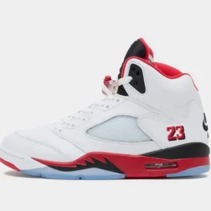 Air Jordan 5 Retro "Fire Red Black Tongue" - Classic Heritage High-Top Model - White/Fire Red