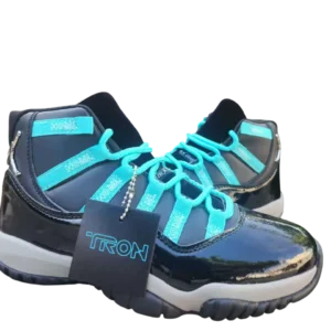 Air Jordan 11 “Tron” Sneaker | Neon Blue Trim & Reflective Accents - Blue / White