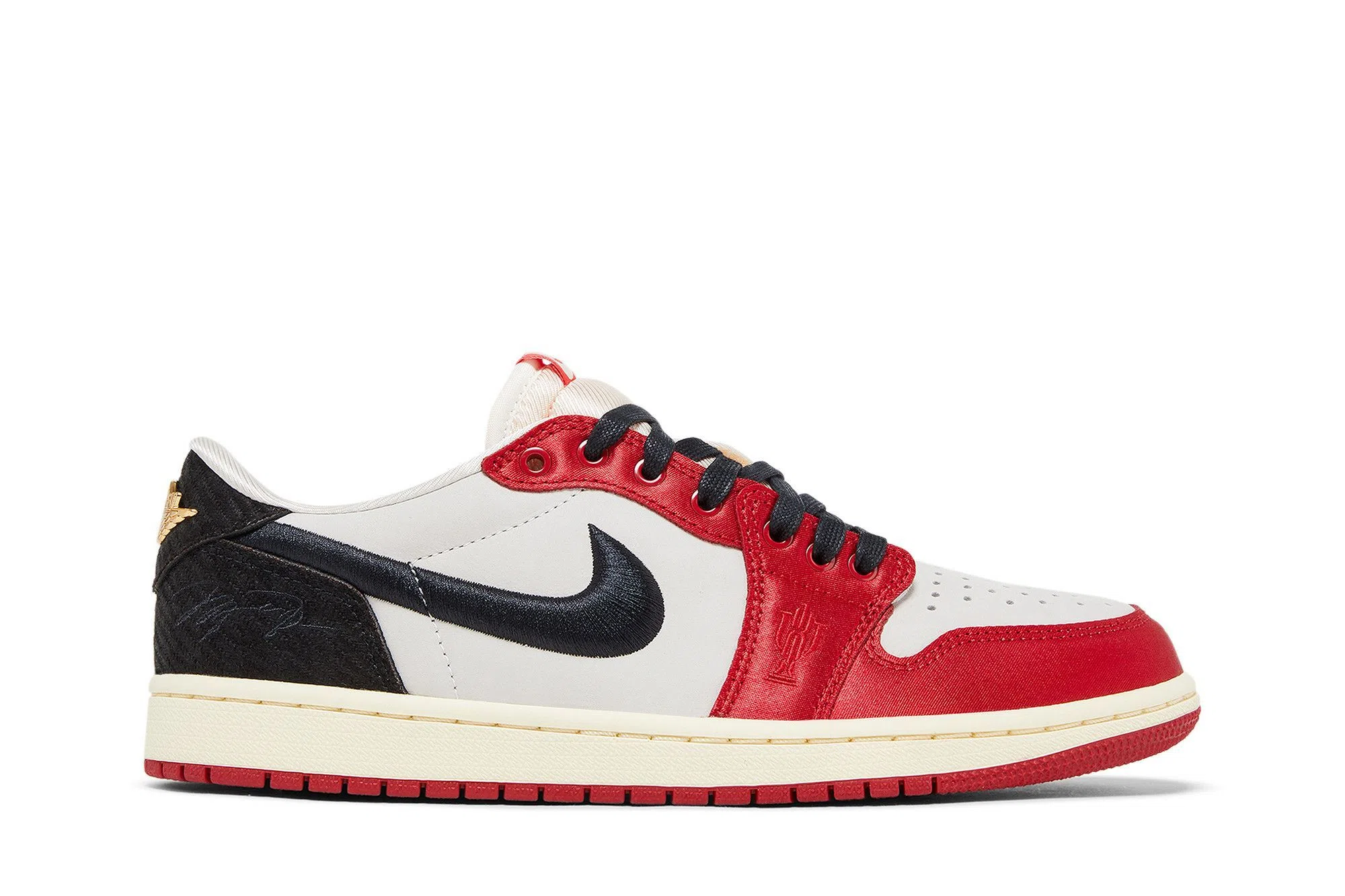 Trophy Room x Air Jordan 1 Low OG "Rookie Card – Away" – Men's Sneakers - Sail / Black / Varsity Red / Metallic Gold