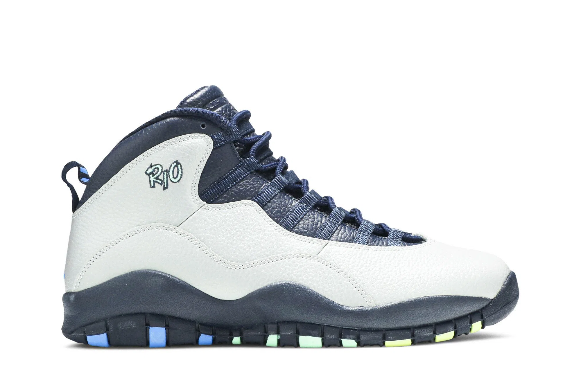 Jordan 10 Retro Rio - Vibrant Retro Basketball Sneakers - White / Midnight Navy / Cement Grey