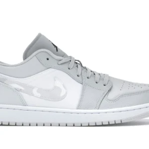 Jordan 1 Low White Camo - Sleek Low Top Sneakers with Camouflage Detail - White / Grey Camo / Light Grey
