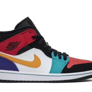 Jordan 1 Mid Bred Multi-Color - Vibrant Mid Top Sneakers - White / Blue / Multi-Color / Iridescent